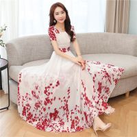 2021印花雪纺连衣裙气质显瘦减龄大摆中长裙收腰温柔沙滩连衣裙女 酒红花 M 98斤以内