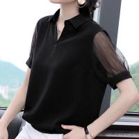 胖妹妹女2021夏装新款衬衣雪纺衫宽松洋气小衫带领子遮肚大码上衣[12月30日发完] 黑色(短袖) L[建议90-110