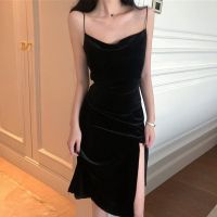 春夏连衣裙2020新款金丝绒打底吊带裙赫本风长款内搭过膝小黑裙子 黑色 M 90内-110斤