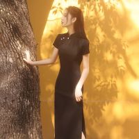 旗袍2021年新款女夏季黑色高端高贵年轻款少女日常复古改良连衣裙 黑色 M 建议70-95斤