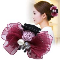 远方情唯美娟纱蝴蝶结抓夹新款仿珍珠水晶发夹盘发头花发饰品T293 唯美娟纱水晶花朵抓夹 酒红
