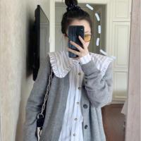 2021新款特种兵李沁同款条纹衬衫娃娃领大翻领荷叶边长袖衬衣女潮 浅灰色 S 体重90-100斤