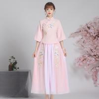 古装汉服女汉元素改良旗袍民国套装中国风古筝演出服中式伴娘礼服 粉红色套装 绣花汉服送手花 S 85斤左右