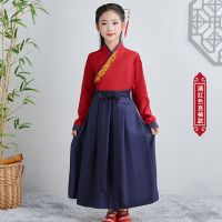 儿童汉服男童国学服女童春夏新款古装襦裙小学生汉服三字经演出服 酒红色-直袖[男女通用] 110