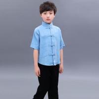 新款棉麻演出服表演汉服古装民国风学生服装五四青年装男女童套装 男款蓝色 斜纹套装 110