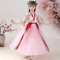 汉服女童夏季中国风儿童古装超仙飘逸古风襦裙女孩连衣裙公主唐装 红花亭汉服+眉心贴+发簪 110