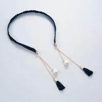 日韩珍珠带假耳环耳坠流苏发箍发饰简约头箍发带森女系发卡头饰品 流苏款藏青