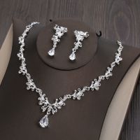 韩式新娘皇冠大气头饰三件套婚纱生日发饰结婚礼服配饰品项链耳环 项链+耳环针(银色) 普通装