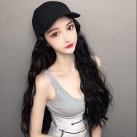 薄藤粉色鸭舌帽子假发一体女潮流水波纹玉米烫羊毛长卷发头套马尾 黑色假发[黑色鸭舌帽一体]送发网 玉米烫.