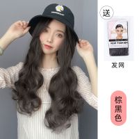 假发女长发带帽子一体时尚夏天时尚女渔夫帽中长卷发自然全头套式 黑色渔夫帽小雏菊[棕黑色]+两件套