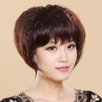 整顶假发女假发短发蓬松BOBO头发型女式短卷发斜碎刘海真发假发套 [升级版玫瑰网]深棕色+发网