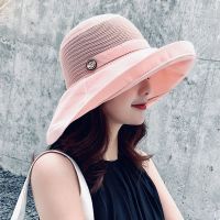 黑胶蝴蝶结遮阳帽女夏季镂空草帽紫外线大檐遮脸防晒太阳渔夫帽子 纽扣款-粉红
