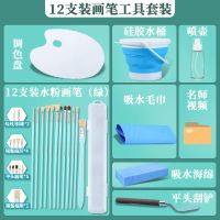 果冻水粉颜料艺考专用工具套装调色盘吸水海绵加厚吸水毛巾画笔 12支画笔工具套装丨绿色画笔