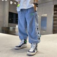 男童秋装牛仔裤2021新款洋气秋季韩版中大童裤脚扣子牛仔休闲裤潮 蓝色 110码/110cm