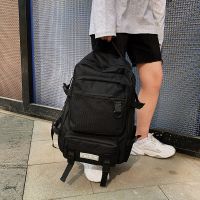 书包女韩版高中大学生百搭工装风大容量男背包电脑包旅行包双肩包 黑色