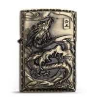 青铜煤油打火机怀旧复古青龙白虎高端浮雕工艺防风打火机老式砂轮 青龙 裸机 (没有带油)