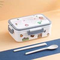 DIY卡通小麦秸秆便当盒学生ins少女午餐盒可爱保温上班族分格饭盒 灰常白 三格1000ml+DIY贴纸 +(小麦)筷勺