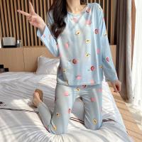 睡衣女春秋款大码长袖睡衣女韩版休闲睡衣女冬季学生可外穿家居服 蓝色水蜜桃[高质量套装] M码:70-95斤[优先发货]