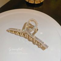 珍珠水钻头发抓夹大号夏季盘发鲨鱼夹子高级感发饰2021年新款发卡 模特款闪钻珍珠(11.5cm)