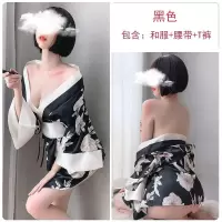 情趣内衣大码女性感深V和服睡衣服套装小胸聚拢睡裙成人用品 黑白色印花和服 均码(80-130斤)