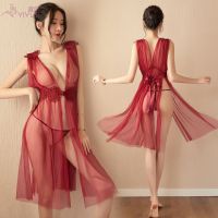 情趣内衣高端性感女式深V透视网纱连衣长裙后背收腰系带诱惑套装 9036#酒红+T裤 均码