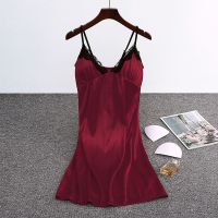 性感睡衣女夏季冰丝蕾丝带胸垫情趣火辣睡裙可外穿女士聚拢吊带裙 酒红色 M [建议85-100斤]