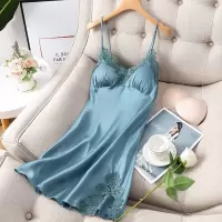 2021春夏性感吊带睡裙仿真丝绸睡裙镂空蕾丝花边情趣睡裙女家居服 2192吊带-青灰 M