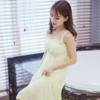 睡衣女夏季吊带裙带胸垫睡裙性感情趣甜美蕾丝抹胸短裙韩版家居服 特价小花吊带裙-奶黄 M 80-100斤