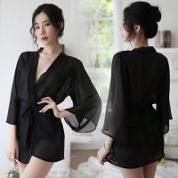 性感情趣睡衣雪纺衬衫女夏中长款透明浴袍睡裙套装超薄款透视上衣 黑色开衫十腰带十T裤 均码 80-130斤