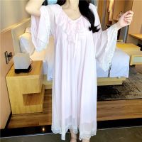 带胸垫很仙的睡衣女春秋季网纱长袖款公主风宫廷冰丝睡裙夏天脚裸 7116粉色(自带胸垫) M 85斤-110斤