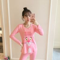 保暖内衣女学生韩版加绒套装紧身少女秋衣秋裤薄款圆领冬季打底 粉红豹款粉色 XS 建议65-75斤