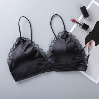 法式三角杯文胸超薄款蕾丝小胸性感内衣女学生韩版无钢圈美背细带 蕾丝花边黑色 均码[80-120斤内适穿]