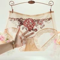 1/4条装 高腰收腹性感无痕蕾丝薄款大码内裤女士透明网纱三角裤头 中腰款:肤色 M(建议80-120斤)