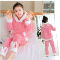 儿童睡衣女童睡衣冬季加厚法兰绒新款洋气珊瑚绒宝宝睡衣套装加绒 粉红色 (脚口兔耳朵睡衣) 110