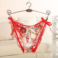 2条装性感蕾丝内裤女透明低腰女士三角裤系带式火辣超薄款裤头女 红色(单条装) 均码 80-120斤