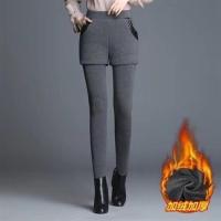 加绒加厚打底裤女假两件裙裤外穿胖MM高腰弹力加大码显瘦保暖棉裤 灰色裤款 S 建议80-90斤