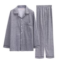 睡衣男士春秋季棉质长袖冬天青年开衫中老年人加肥大码家居服套装 288-灰色格子 [单条裤子] 3XL 155-190斤