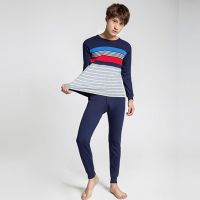 男士薄款保暖内衣套装青少年秋衣裤全棉毛衫睡衣线衣线裤衬衣衬裤 低领宽条纹藏青 90码适合身高150-160CM