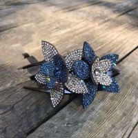 盘发发夹女韩国花朵大号鸭嘴夹水钻头饰韩式发夹后脑勺抓夹发饰 墨兰灰小号