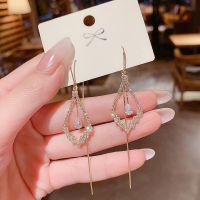 几何菱形耳线韩版个性流苏耳环高级感镶钻长款气质百搭耳饰冷淡风 锆石树叶耳线(金色)