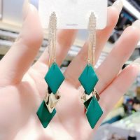 2021新款潮春夏绿色耳环高级感长款镶钻菱形耳坠显脸瘦气质耳饰女 清新绿-流苏耳环