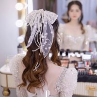 新娘头饰森系仙美手工串珠蝴蝶结发夹简约气质女礼服写真拍照配饰 头纱[长约42CM宽21CM]