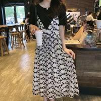 2021新植绒碎花V领吊带裙两件套夏装收腰泡泡袖连衣裙法式小个子 套装吊带裙 加纯棉T恤 M