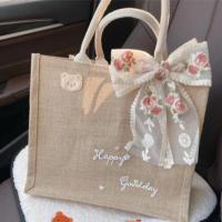 无印同款蝴蝶结帆布袋黄麻购物袋环保买菜布包麻布手提袋单肩包女 玫瑰刺绣 [不含麻袋]