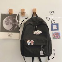 书包女ins双肩包2021新款中学生森系韩版百搭大容量高中生背包潮 黑色(中号) 单包(无挂件)