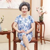中老年女装夏季短袖妈妈装棉绸睡衣套装女老年人衣服奶奶装夏装 1号色 XL 建议80-100斤
