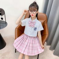 春季儿童JK制服格裙10岁女童学院风校服套装中童大童学生百褶裙夏 少女心事[皓海短袖+格裙+领结] 110[适合体重28