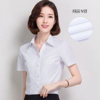 韩棉春秋白衬衫女长袖职业夏季V领宽松工作服正装大码衬衣女装ol V00[短袖]纯白V领 S