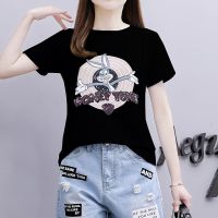 单件/套装2020夏装新款印花短袖T恤+短裤破洞牛仔裤套装女两件套 1#黑色兔子T恤[单件] S [建议80-90斤]