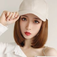 鸭舌帽子假发一体波波头女短直发全头套韩版时尚修脸棒球帽假头发 白色帽子浅棕色假发+发网